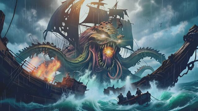 mythological legend of the kraken monster attacking fishing boats, seamless looping time lapse virtual 4k video animation background.