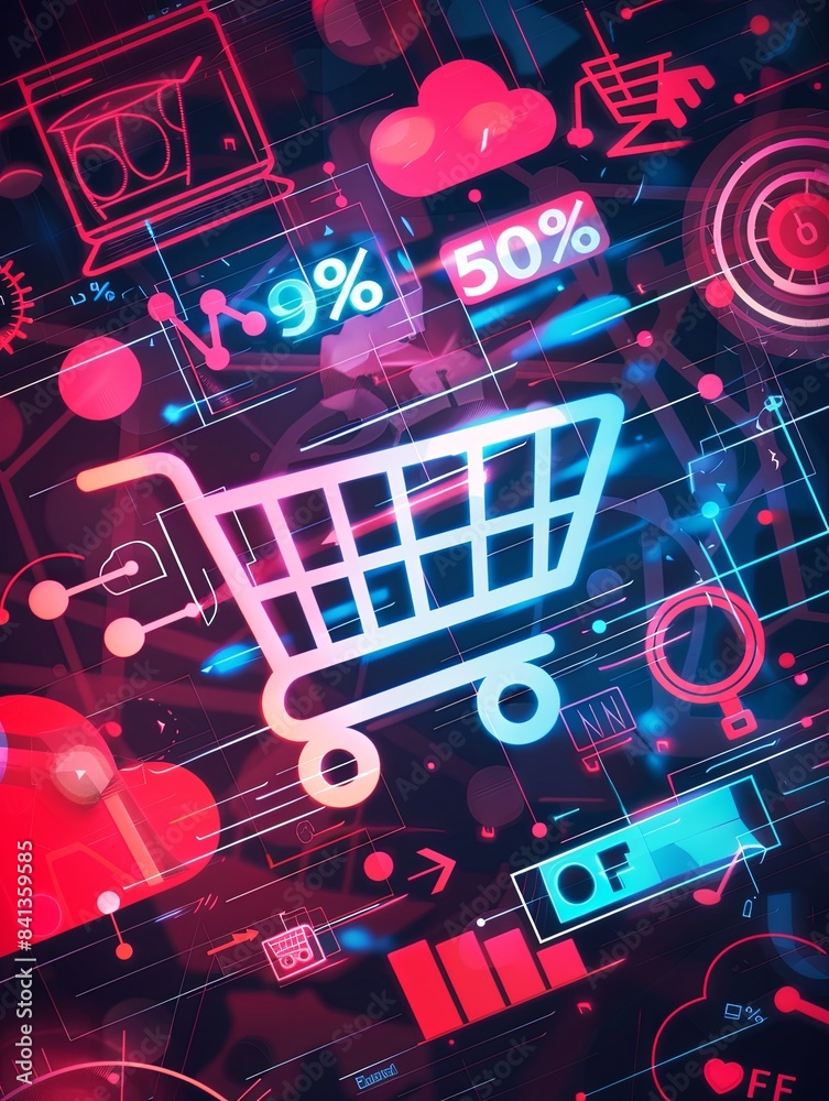 Aufkleber abstract background depicting a digital shopping cart with glowing neon 50% off text, representing o