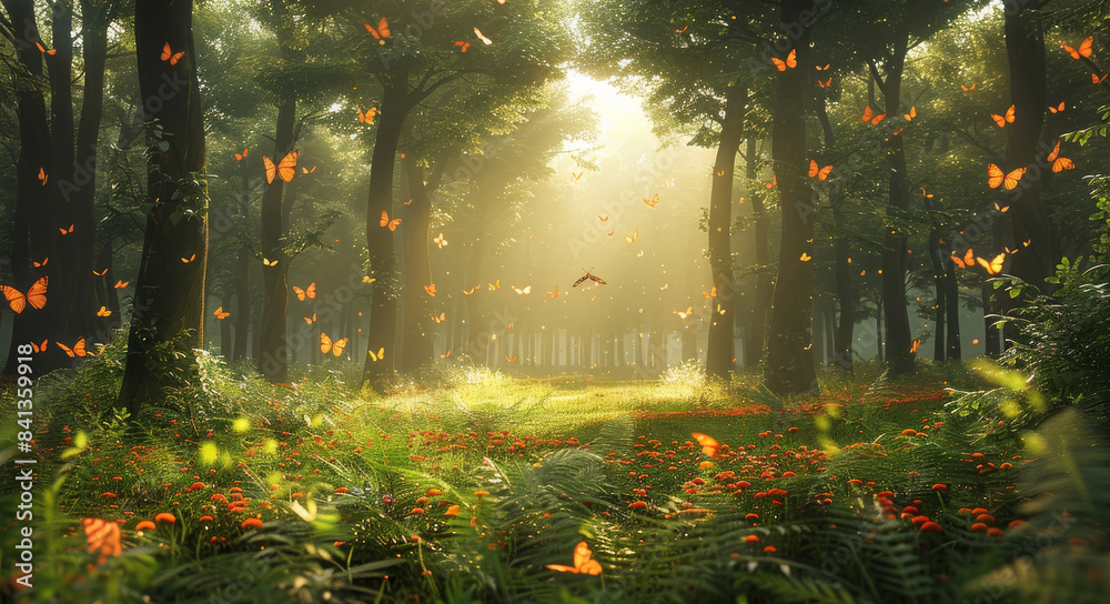 Poster an enchanted forest, with beautiful and tall trees, we have a wide meadow and we have clouds in the 