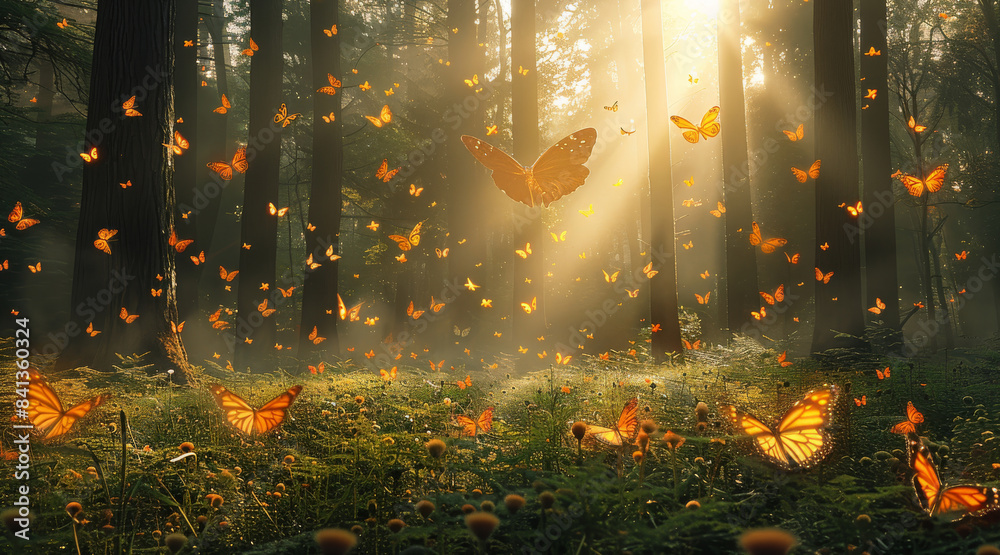 Poster an enchanted forest, with beautiful and tall trees, we have a wide meadow and we have clouds in the 