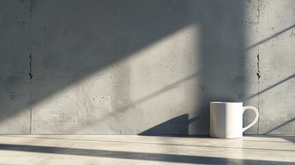 Against a clean concrete wall, a solitary coffee mug casts a long shadow.