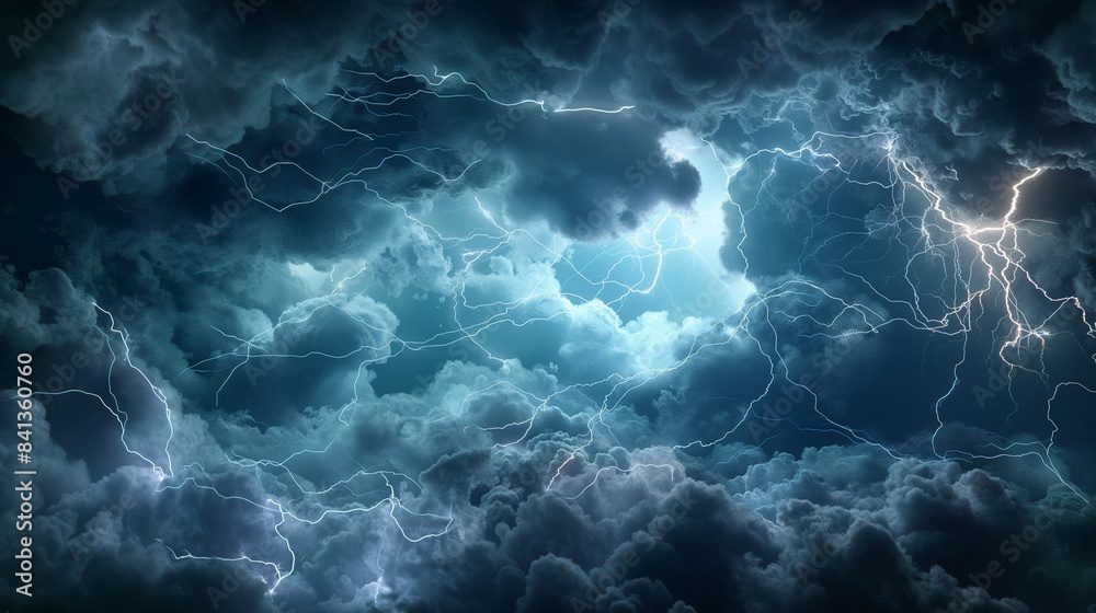 Wall mural a thunderstorm with dramatic lightning, visualized through a stormy gradient multilayer glass effect