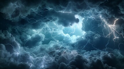A thunderstorm with dramatic lightning, visualized through a stormy gradient multilayer glass effect, 3D rendering.