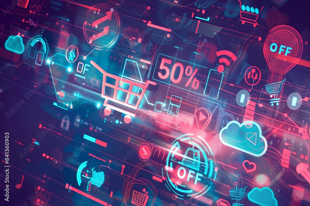 Poster an abstract background with futuristic digital elements showcasing an online sale with 50% off disco