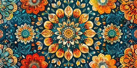 Vibrant floral mandala pattern with intricate details and bright, colorful petals, creating a dynamic and harmonious design that exudes energy, beauty, and artistic expression..