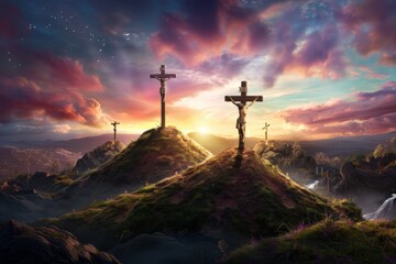 Resurrection symbolism  empty tomb and crucifixion at sunrise   christian easter depiction