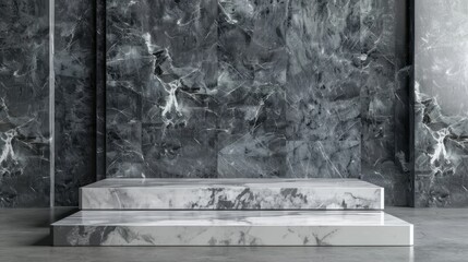 Modern minimalist interior with marble steps and dark abstract marble wall background, elegant and luxurious space design.