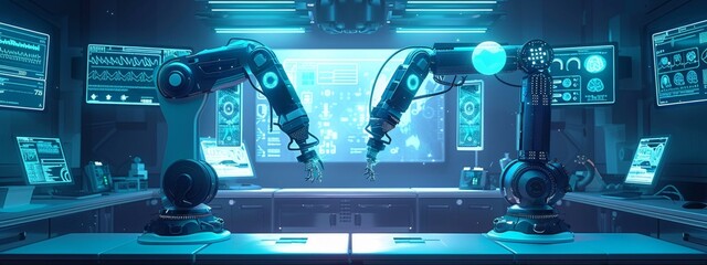 Fototapeta premium Advanced Technology and Future Robotics in Healthcare. Robotic Arm for Precision Surgery and Remote Control Medical Equipment. Automation in Healthcare Operations. 4K HD Wallpaper Background with AI-G