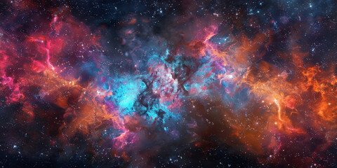 Fototapeta premium Vibrant cosmic nebula in deep space with swirling colors and sparkling stars, showcasing the beauty and grandeur of the universe in a mesmerizing, celestial scene..