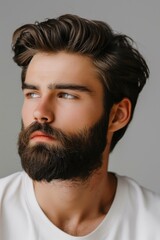 Fototapeta premium Close-up portrait of a handsome young man with a beard wearing a white shirt