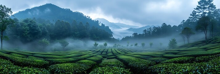 A panoramic view of a tea plantation featuring neatly trimmed bushes and early morning fog, creating a serene and picturesque scene. 