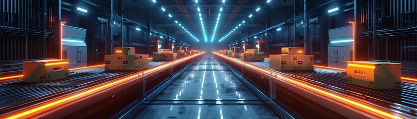 Fototapeta premium Smart warehouse with packages on conveyor belt, Cyberpunk, Neon accents, Futuristic design and glowing interfaces 8K , high-resolution, ultra HD,up32K HD