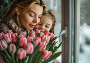 mother and daughter holding tulips, giving flowers to their mom for Mother's Day