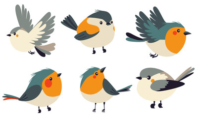 A set of flat vector illustrations in children's style. Cute birds sitting and flying . Vector illustration