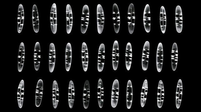 Photograph of a karyotype of human chromosomes, showing all 23 pairs neatly aligned,