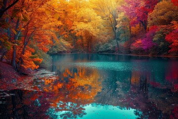 Vibrant fall foliage in an array of colors reflected on a serene, picturesque lake. -