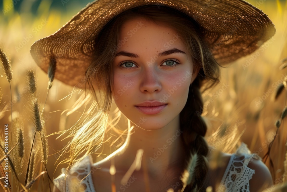 Poster Serene young woman with a sun hat, backlit by the setting sun in a field of golden wheat