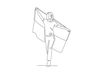 Woman waving the Indonesian flag. Indonesia independence day concept one-line drawing