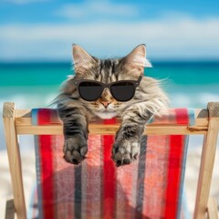 Tabby Cat Behind a Colorful Beach Windbreak, Unique Summer Vacation Photo