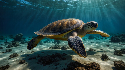 Obraz premium A green turtle swimming in open water. Generated AI