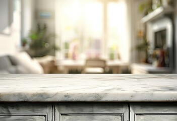 White marble stone table and blur kitchen background