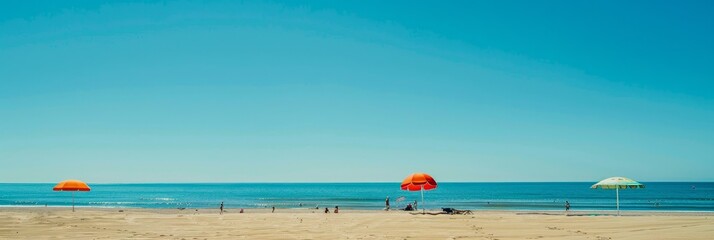 Sunlit Beach with Umbrella and Chairs, Perfect for Summertime Leisure and Vacation Ads