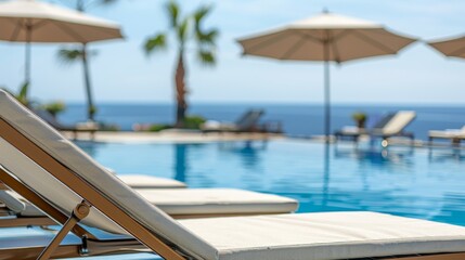 Obraz premium Sunny Day at the Beach with Lounge Chairs, Perfect for Summer Leisure and Travel Advertising