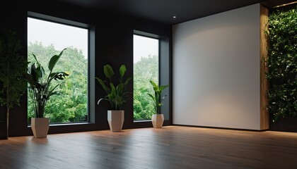 Fototapeta premium A black room with plants and a window plants mockup