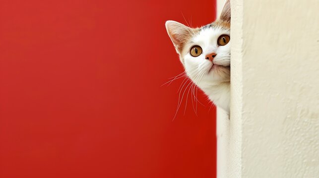 Curious cat peeking from edge, sharp two tone background in red and cream, copyspace for intriguing text