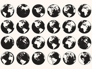 Set of collection Round Earth Globe Silhouette World Map Icons