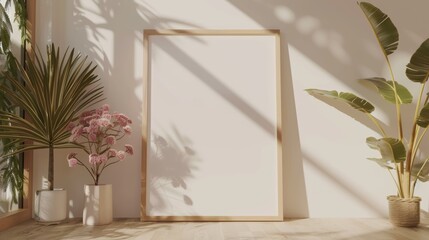 Vertical frame mockup standing on wooden floor in living room