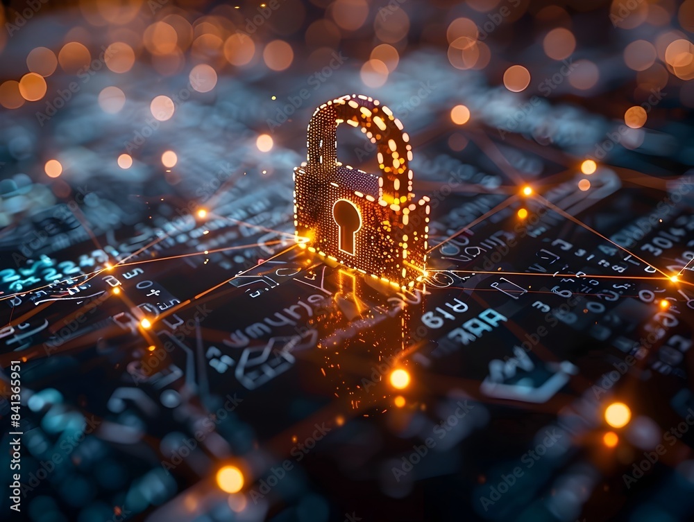 Poster network security concept with digital padlock and interconnected nodes indicating secure business co