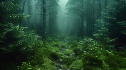 Obraz premium Magical and aesthetic dark green forest, small grey stones between trees, light fog, natural light. Generative AI.