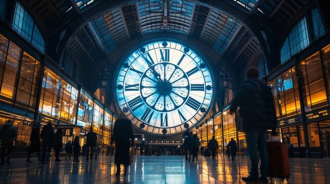 A large clock in a train station with people walking around