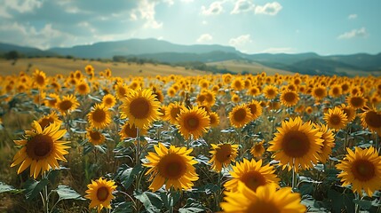 An endless field of sunflowers swaying gently in the breeze under a clear blue sky.

