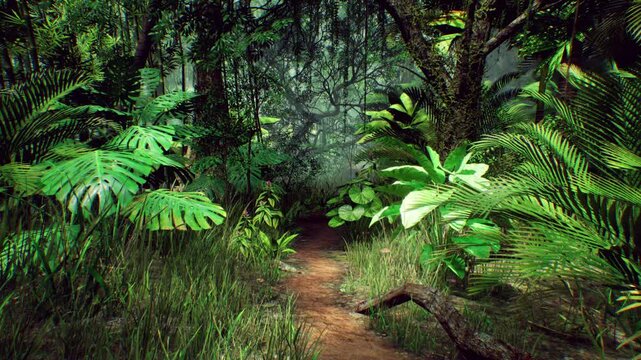 Tropical Rainforest Natural Landscape Large Trees Plants Vibrance 3D Render Realistic Dense Jungle Pathway Daytime Palm Big Leaves Fern Exotic Plants Sunlight Canopy Background Flora and Fauna