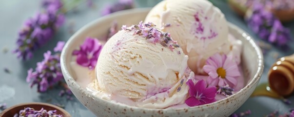Lavender Honey Delight A creamy lavenderinfused ice cream drizzled with golden honey and garnished with edible flowers