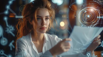 Woman astrologer conducts a consultation on the natal chart, flying energies. Generative AI.