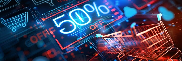 A futuristic abstract background with a shopping cart speeding through a digital space showcasing a massive 50% off sale. Generative AI