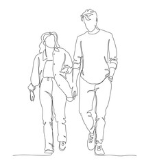Man and woman walking and talking. Continuous line drawing. Black and white vector illustration in line art style.