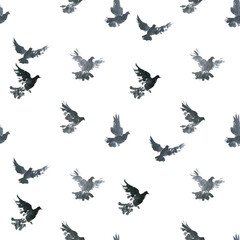 Seamless pattern with flying birds painted with ink on white background. Can be used for wallpaper, pattern fills, textile, web page background, surface textures.