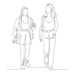 2 youg women talking walking. Wear mini skirt, tops. Continuous line drawing. Black and white vector illustration in line art style.