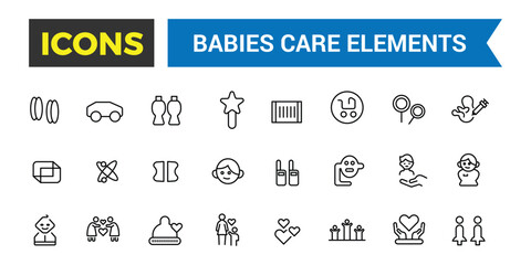 Babies, baby toys, feeding and care elements icon set. Outline icons pack. Editable vector icon and illustration.