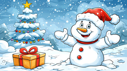 A cartoon snowman is standing in front of a Christmas tree and a gift box. The snowman is smiling and holding his hands up in the air. Concept of joy and excitement for the holiday season