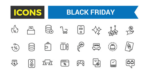 Black Friday Big Sale line icon set. Outline icons pack. Editable vector icon and illustration.