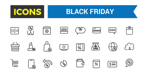 Black Friday Big Sale line icon set. Outline icons pack. Editable vector icon and illustration.