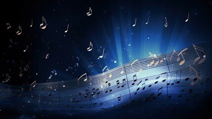 Photograph of a sheet music with musical notes floating out of the page, forming sound waves that fill the clear background