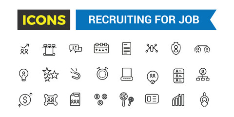 Recruiting for job icon set. Outline icons pack. Editable vector icon and illustration.