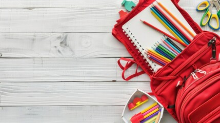 Back to School: Red Backpack with School Supplies on White Wooden Background