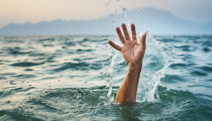 Hand reaching out from sea water, asking for help. Person drowning and sinking.
